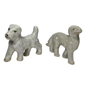 Vintage Iridescent Dog Figurines x2 White Terrier Mini Japan
